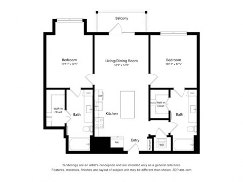 Floor plan for 2 beds, 2 baths, 1003 sqft